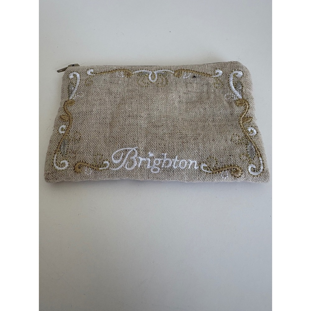 Brighton Tan Burlap Embroidered Small Zipper Pouch Coin Purse Gold White Scroll